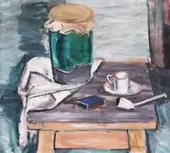 Max W. Arnold, Natură statică cu dulceață, cafea și pipă, ulei pe carton