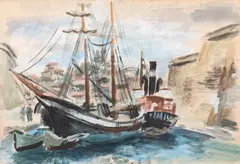 Lucian Grigorescu, Vele în port, guașă vernisată pe hârtie