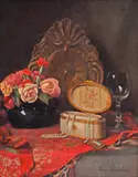 Franz Krischke, Natură statică cu trandafiri și cutie de bijuterii, ulei pe lemn