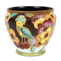 Boch Frères Keramis, Cache-pot Boch Frères în stil Art Deco, decorat cu pasărea paradisului, designer Charles Catteau, cca. 1933, faianță modelată la roată, pictată manual