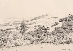 Câmpie by Dimitrie Berea, 1929, tuş pe hârtie, sold Jan 2023