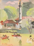 Alexandru Phoebus, Geamia din parcul Carol, 1950, guașă și acuarelă pe hârtie
