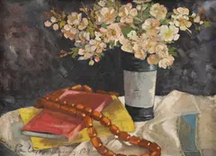 Natură statică cu flori de măr și chihlimbar by Pia Căpşuneanu Massaci, 1934, ulei pe carton, sold Jan 2023