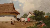 László Neogrády, În curtea gospodăriei, ulei pe carton