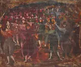 Reuniunea clovnilor by Magdalena Rădulescu, ulei pe pânză, offered Jan 2023