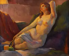 Modelul by Samuel Bogdanovici, ulei pe carton, sold Jan 2023