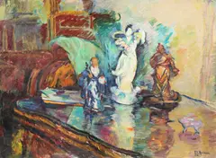 Elena Moisescu, Natură statică cu figurine japoneze, 1981, ulei pe carton