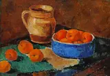 Maria Bănică, Natură statică cu vase și portocale, 1942, ulei pe carton