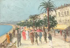 Promenadă by Henri Visconte, ulei pe carton, sold Jan 2023