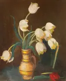 Canceu cu lalele by Leon Biju, ulei pe carton, offered Jan 2023
