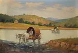 Traversând râul by Ion Doboşariu, ulei pe carton, sold Jan 2023