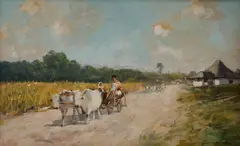 Întoarcerea de la câmp by Constion, ulei pe carton, sold Jan 2023