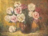 Trandafiri albi by Ion Doboşariu, ulei pe carton, sold Jan 2023