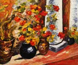 Pervaz cu flori by Mihai Sârbulescu, ulei pe pânză, offered Jan 2023