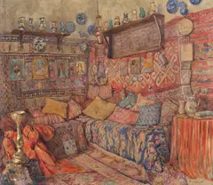 Nicolae Grant, Interior tradițional (La Golești), acuarelă pe hârtie