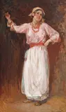Chivuță cu mărgele roșii by Nicolae Vermont, ulei pe carton, sold Dec 2022
