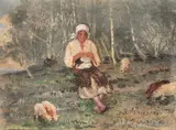 Păstoriță by Octav Băncilă, cărbune și pastel pe hârtie, sold Dec 2022