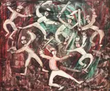 Joc de oină by Magdalena Rădulescu, ulei pe piele, offered Dec 2022