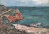 Bărci la Eforie by Gheorghe Petrașcu, 1935, ulei pe carton, offered Dec 2022