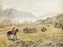 George Löwendal, Târg de vite în satul Pui, 1945, ulei pe carton