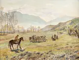 George Löwendal, Târg de vite în satul Pui, 1945, ulei pe carton