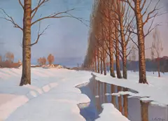 Lumină de iarnă by George Catargi, ulei pe carton, sold Dec 2022