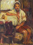 Pe gânduri by Rudolf Schweitzer–Cumpăna, ulei pe carton, sold Dec 2022