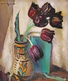 Canceu cu lalele by Leon Biju, ulei pe carton, offered Dec 2022