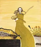 Sorin Ilfoveanu, Vânzătoarea de flori cu pisică, 2009, acrilic pe pânză