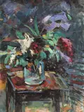Iosif Rosenblut, Pahar cu bujori și liliac alb, 1963, ulei pe carton