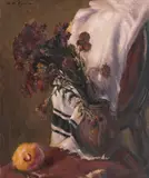 Natură statică cu crizanteme și ștergar by Leon Biju, ulei pe carton, sold Dec 2022