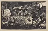 Gheorghe Ivancenco, Piață în China, 1956, linogravură