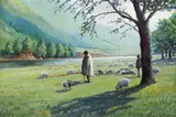 Ciobănaș cu turma de oi by Ion Doboşariu, ulei pe carton, sold Nov 2022