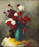 Trandafiri albi și roși by Leon Biju, 1961, ulei pe carton, sold Nov 2022