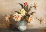 Vas cu trandafiri by Constantin Isachie Popescu, ulei pe carton, sold Nov 2022