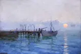 Apus în port by Dimitrie Florian, ulei pe placaj, sold Nov 2022