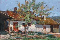 Casa copilăriei by Adam Bălţatu, ulei pe carton, sold Nov 2022