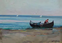La pescuit by Dimitrie Florian, ulei pe placaj, sold Nov 2022
