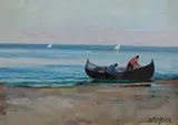 La pescuit by Dimitrie Florian, ulei pe placaj, sold Nov 2022