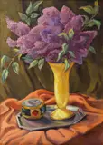 Carol Hübner, Natură statică cu liliac și bombonieră, 1974, ulei pe carton