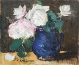 Canceu cu trandafiri by Leon Biju, ulei pe carton, sold Nov 2022