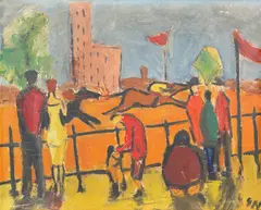 Gil Nicolescu, La hipodrom, ulei pe carton