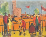 Gil Nicolescu, La hipodrom, ulei pe carton
