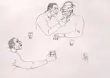 Între prieteni (Autoportrete) by Constantin Piliuță, 1983, tuș pe hârtie, sold Nov 2022