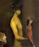 Vladimir (Mirel) Zamfirescu, Autoportret cu papagal roșu, 1975, ulei pe carton