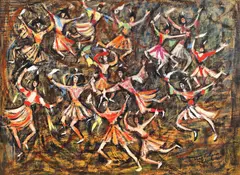 Călușari by Magdalena Rădulescu, ulei pe carton, sold Nov 2022
