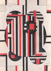 Sandu Darie, Compoziție cu roșu și negru, 1962, colaj, cerneală indiană și grafit pe hârtie