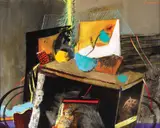 Mircea Ciobanu, La table instable, 1990, ulei pe pânză