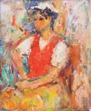 Fată cu pălărie by Ion Musceleanu, 1989, ulei pe pânză lipită pe carton, sold Nov 2022