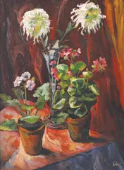 Ernst Honigberger, Mușcate și crizanteme, 1920, ulei pe pânză